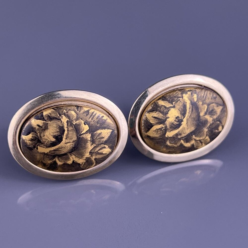 Large Rose Flower Glass Cufflinks Gold Tone Hand Painted Signed Milly Vintage